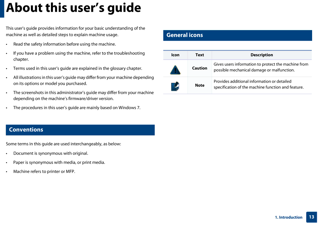 Samsung CLX-3305FW manual About this user’s guide, General icons, Conventions, Chapter, Icon Text Description 