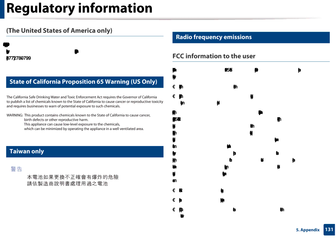 Samsung CLX-3305FW United States of America only, FCC information to the user, Radio frequency emissions, Call, 877 278 