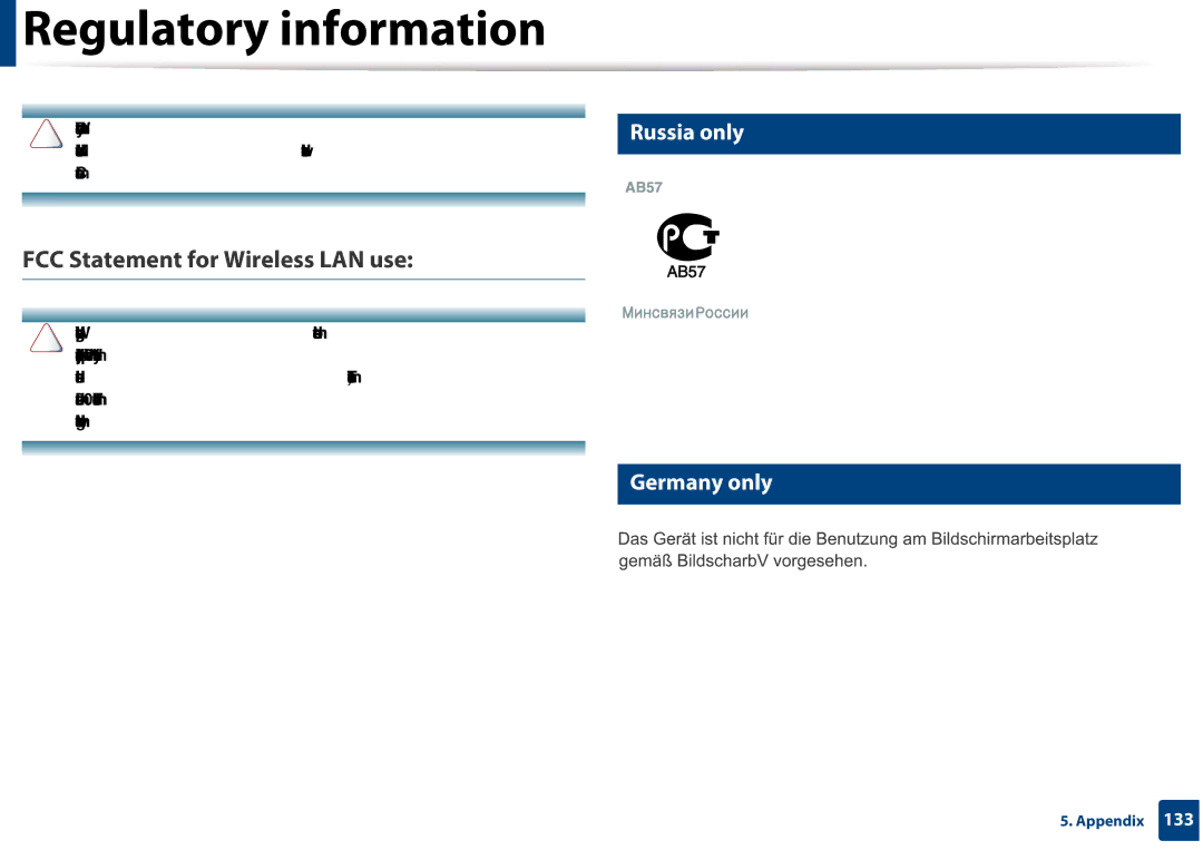 Samsung CLX-3305FW manual FCC Statement for Wireless LAN use, Russia only, Germany only 