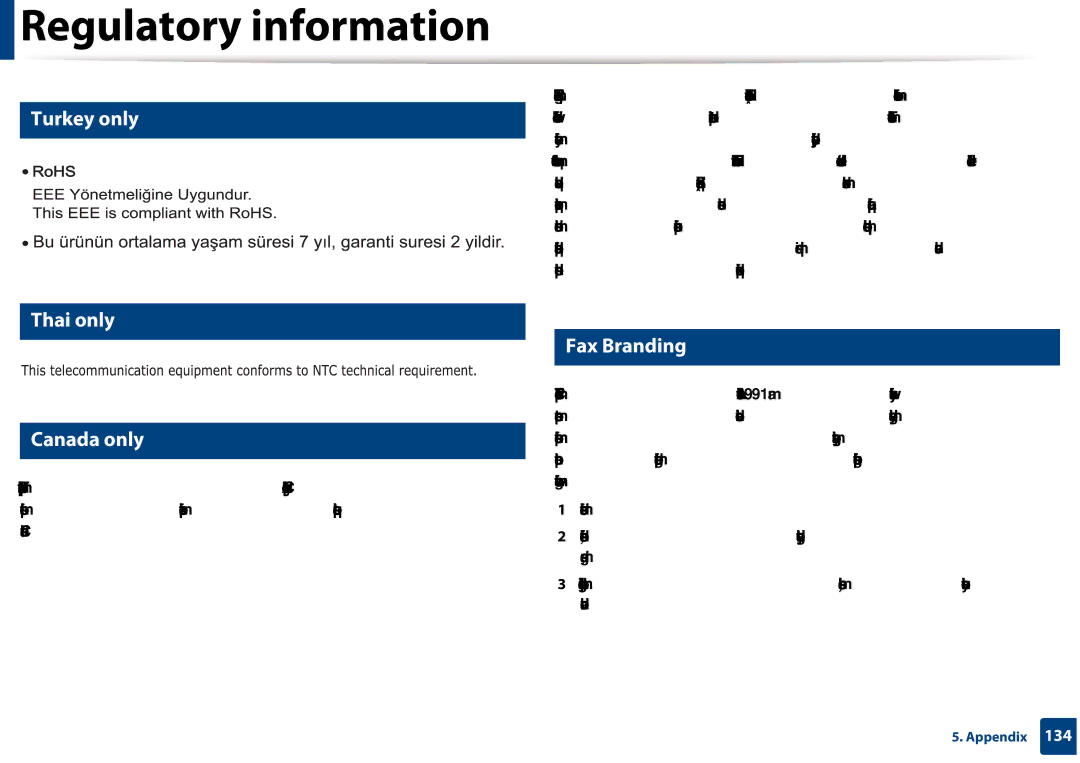 Samsung CLX-3305FW manual Turkey only, Thai only Canada only, Fax Branding 