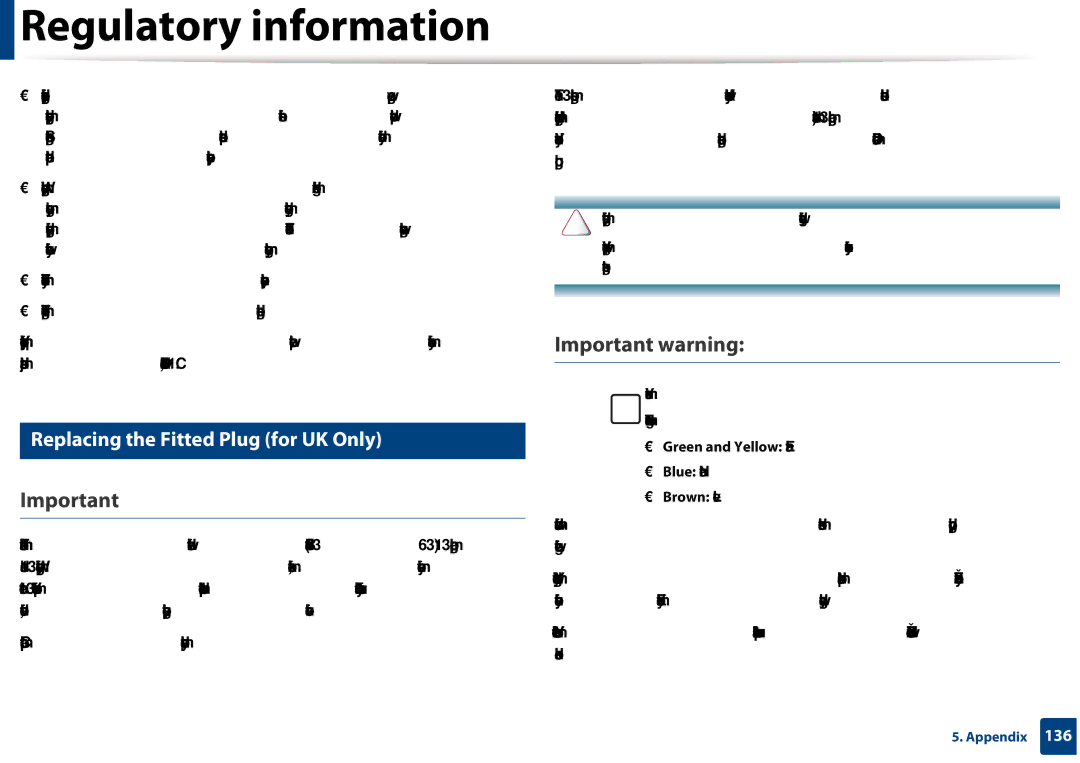 Samsung CLX-3305FW manual Important warning, Replacing the Fitted Plug for UK Only, Green and Yellow Earth, Brown Live 