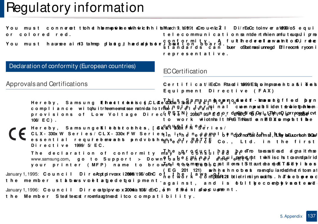 Samsung CLX-3305FW manual Approvals and Certifications, EC Certification, Declaration of conformity European countries 