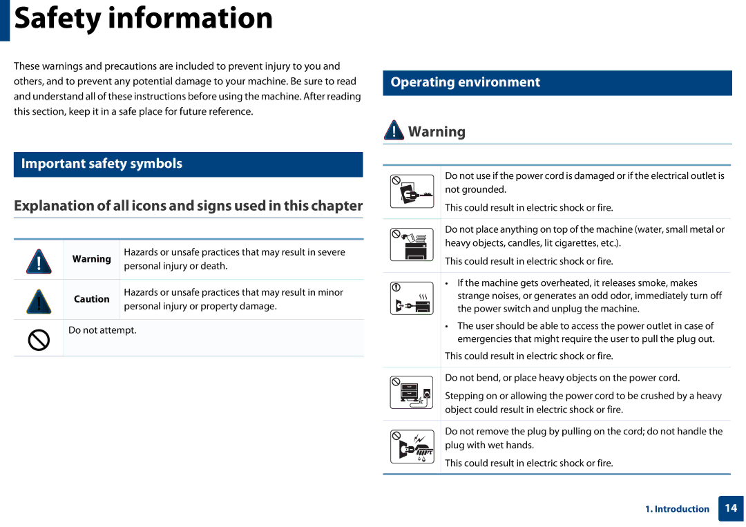 Samsung CLX-3305FW manual Safety information, Important safety symbols, Operating environment 