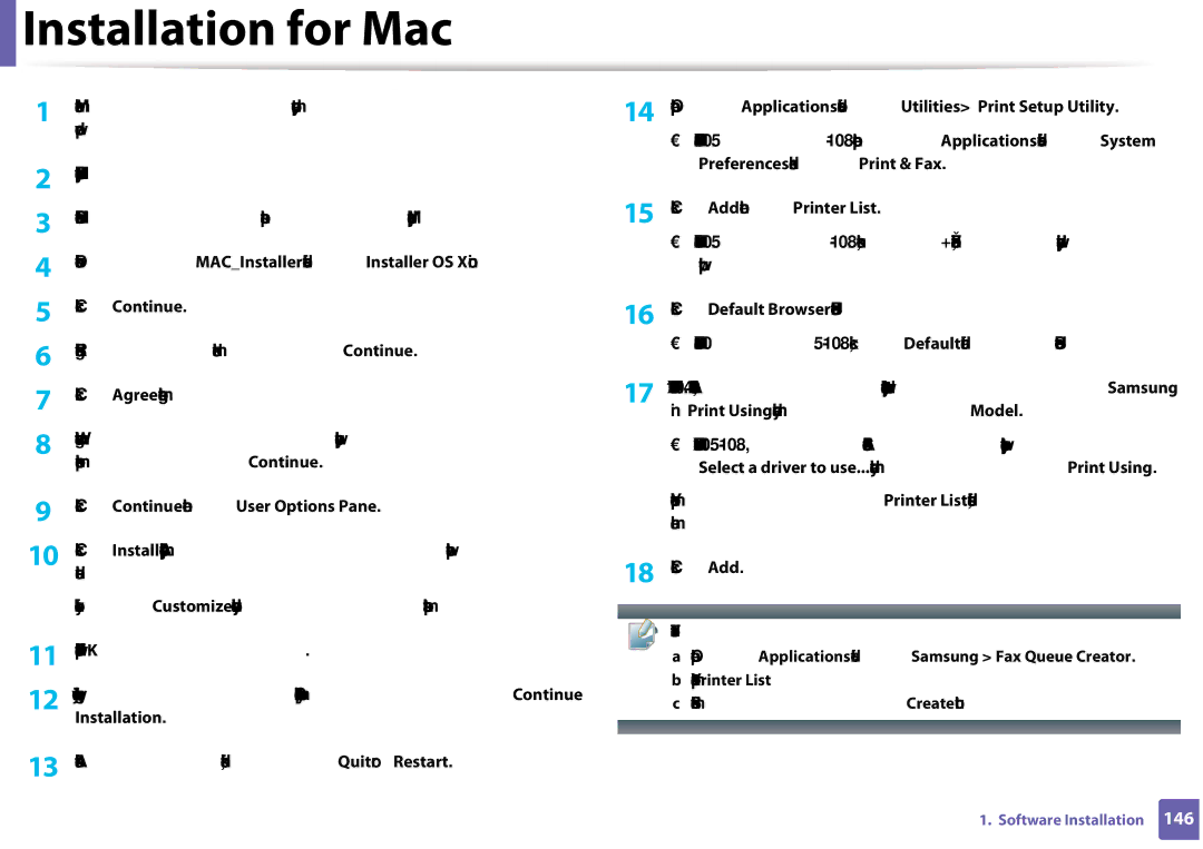 Samsung CLX-3305FW manual Installation for Mac, Click Continue on the User Options Pane, Click Add on the Printer List 