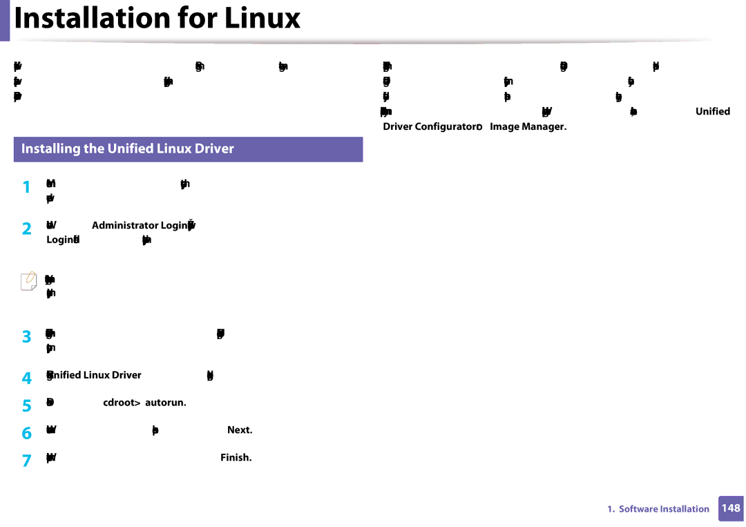 Samsung CLX-3305FW manual Installation for Linux, Installing the Unified Linux Driver 