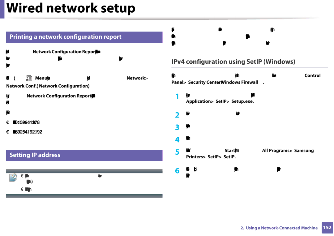 Samsung CLX-3305FW Wired network setup, IPv4 configuration using SetIP Windows, Printing a network configuration report 