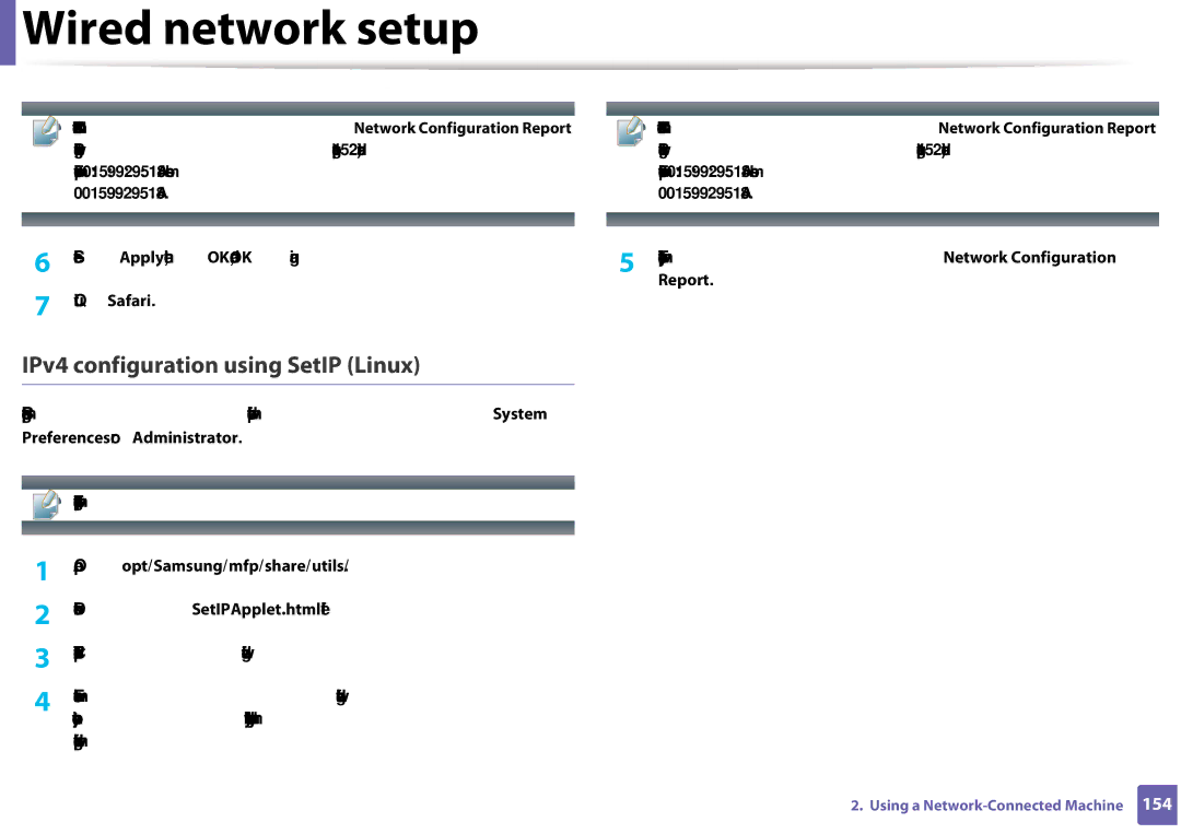 Samsung CLX-3305FW manual IPv4 configuration using SetIP Linux, Report, Preferences or Administrator 