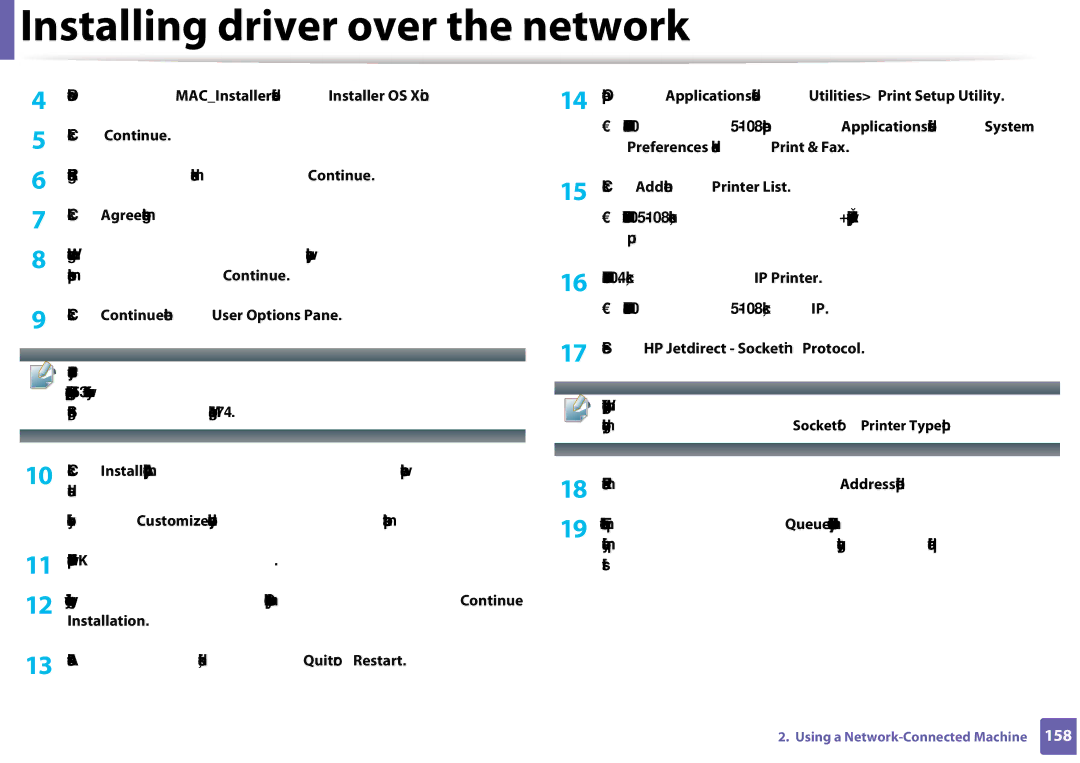 Samsung CLX-3305FW manual Double-click the MACInstaller folder Installer OS X icon, Select HP Jetdirect Socket in Protocol 