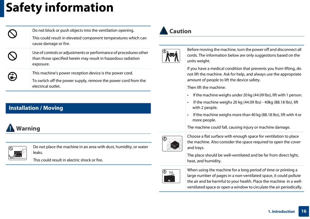 Samsung CLX-3305FW manual Installation / Moving 