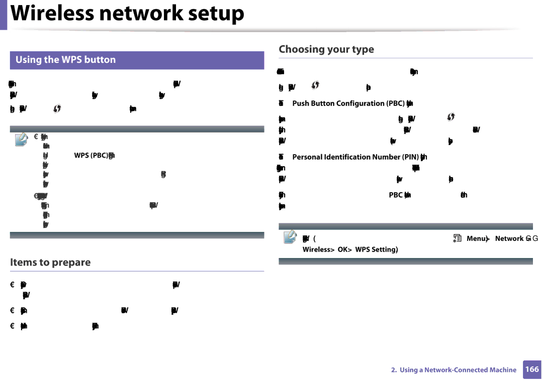 Samsung CLX-3305FW manual Items to prepare, Choosing your type, Using the WPS button, Wireless OK WPS Setting 