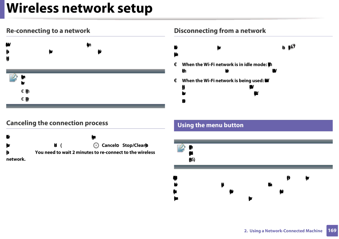 Samsung CLX-3305FW manual Re-connecting to a network, Disconnecting from a network, Canceling the connection process 