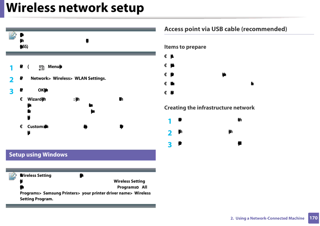 Samsung CLX-3305FW manual Access point via USB cable recommended, Setup using Windows, Press Network Wireless Wlan Settings 