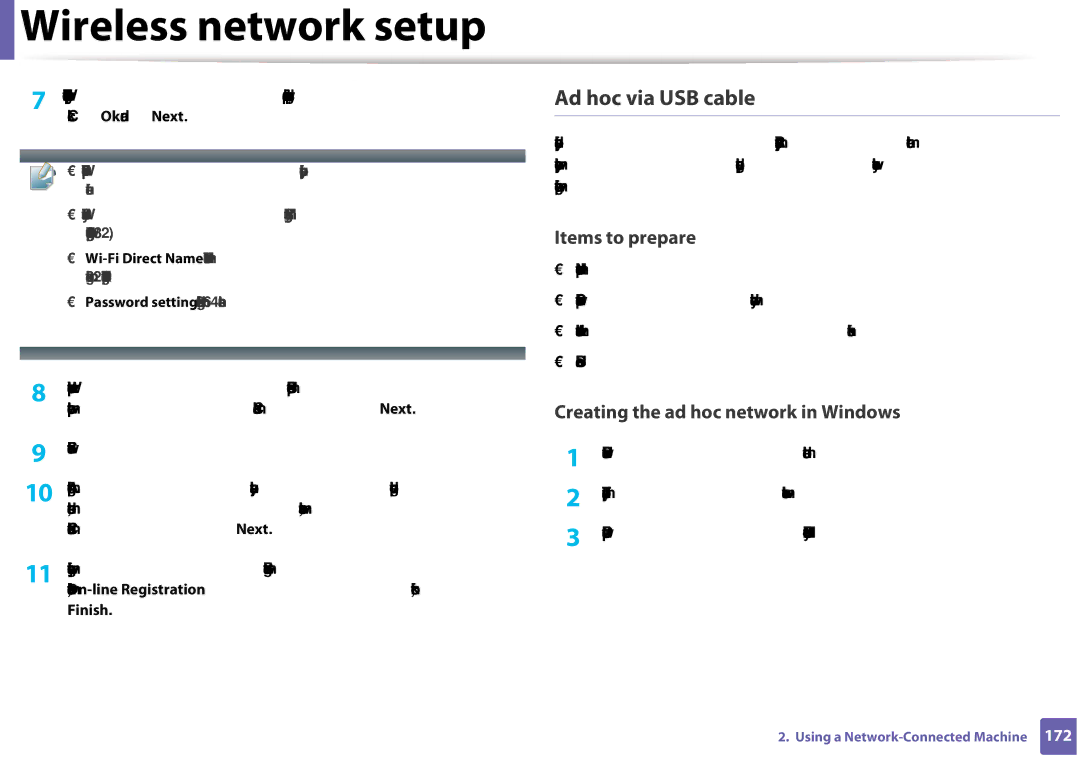 Samsung CLX-3305FW manual Ad hoc via USB cable, Default machine. Click Next, Finish 