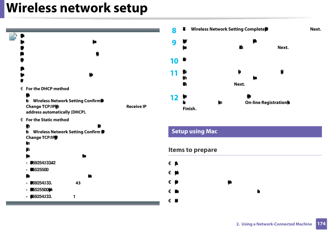 Samsung CLX-3305FW manual Setup using Mac, For the Dhcp method, For the Static method 
