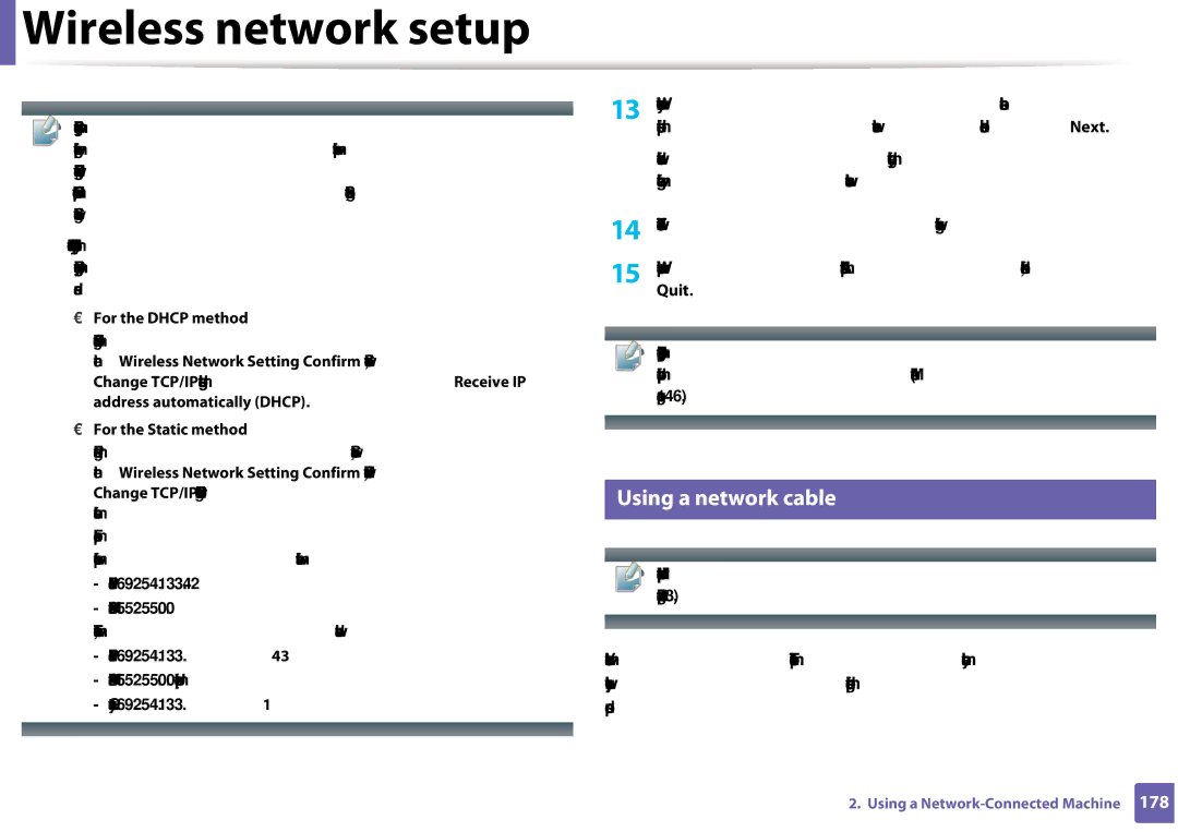 Samsung CLX-3305FW manual Using a network cable, Machine when configuring the wireless network, Quit 