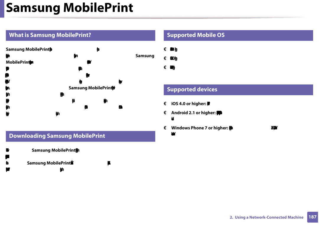 Samsung CLX-3305FW manual Samsung MobilePrint, Supported Mobile OS, Supported devices 