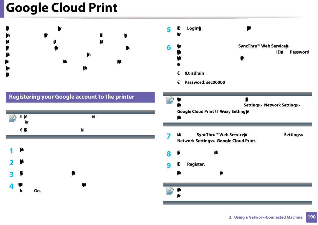 Samsung CLX-3305FW manual Google Cloud Print, Registering your Google account to the printer, Click Register 