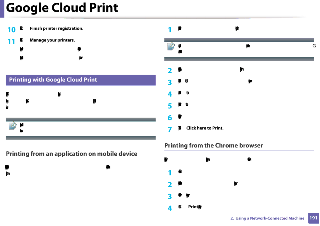 Samsung CLX-3305FW manual Printing with Google Cloud Print, Click Finish printer registration, Click Manage your printers 