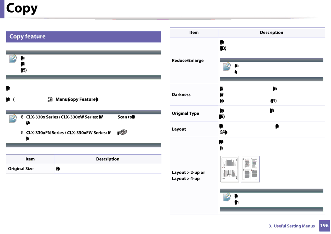 Samsung CLX-3305FW manual Copy feature, Original Size Sets the image size Description, Layout 2-up or Layout 4-up 