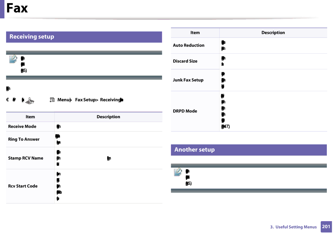 Samsung CLX-3305FW manual Receiving setup, Another setup, To change the menu options Press Fax, Drpd Mode 