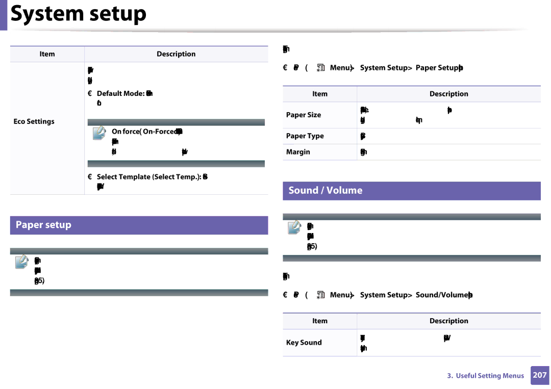 Samsung CLX-3305FW manual Sound / Volume Paper setup, Eco Settings 