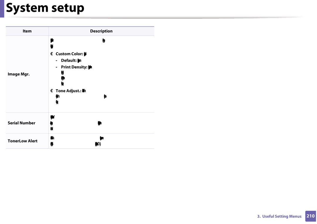 Samsung CLX-3305FW manual Allows you to adjust the color setting such as contrast 