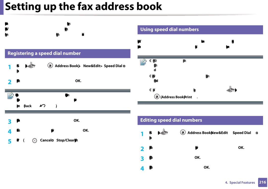 Samsung CLX-3305FW manual Setting up the fax address book, Using speed dial numbers, Registering a speed dial number 