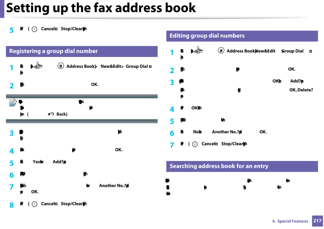 Samsung CLX-3305FW manual Editing group dial numbers, Registering a group dial number, Searching address book for an entry 
