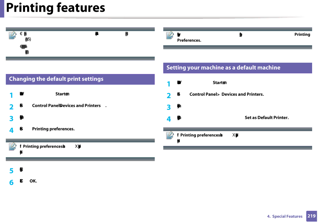 Samsung CLX-3305FW manual Printing features, Changing the default print settings, Setting your machine as a default machine 