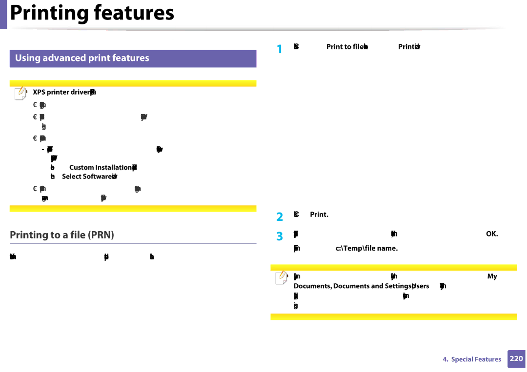 Samsung CLX-3305FW manual Printing to a file PRN, Using advanced print features 