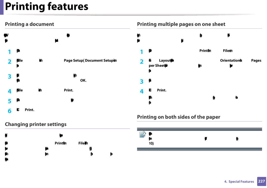 Samsung CLX-3305FW manual Printing a document, Changing printer settings, Printing multiple pages on one sheet 