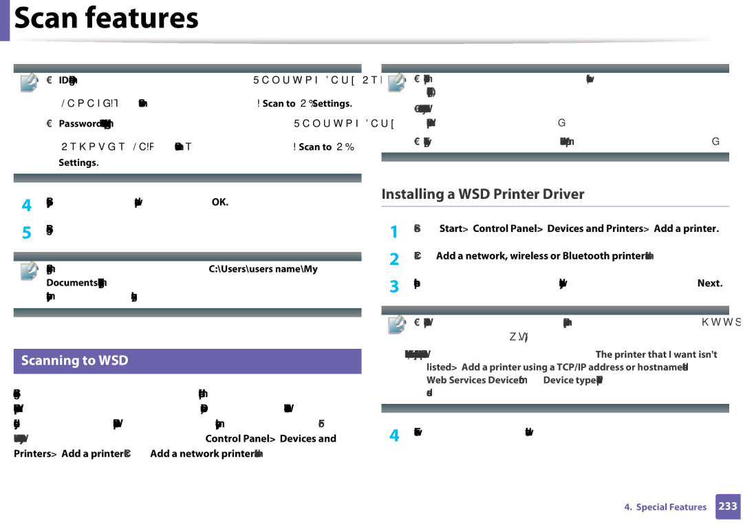 Samsung CLX-3305FW manual Installing a WSD Printer Driver, Scanning to WSD, Settings 