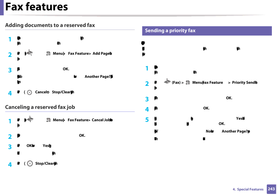 Samsung CLX-3305FW manual Adding documents to a reserved fax, Canceling a reserved fax job, Sending a priority fax 