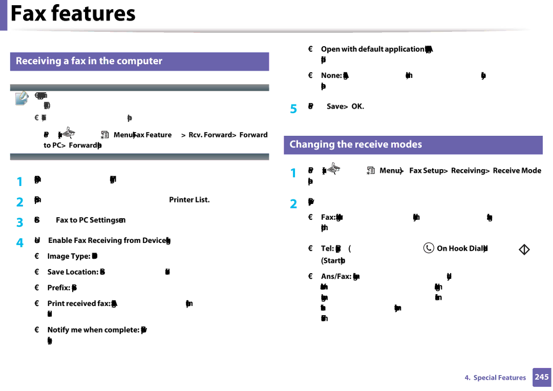 Samsung CLX-3305FW manual Receiving a fax in the computer, Changing the receive modes 