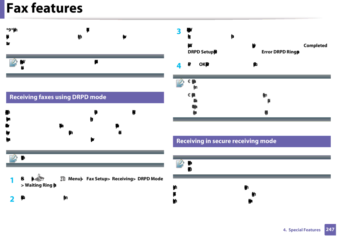Samsung CLX-3305FW manual Receiving faxes using Drpd mode, Receiving in secure receiving mode 