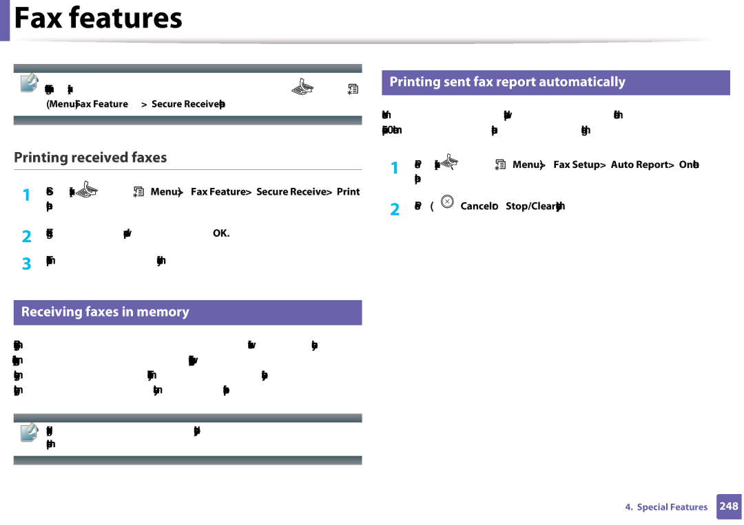 Samsung CLX-3305FW manual Printing received faxes, Printing sent fax report automatically, Receiving faxes in memory 