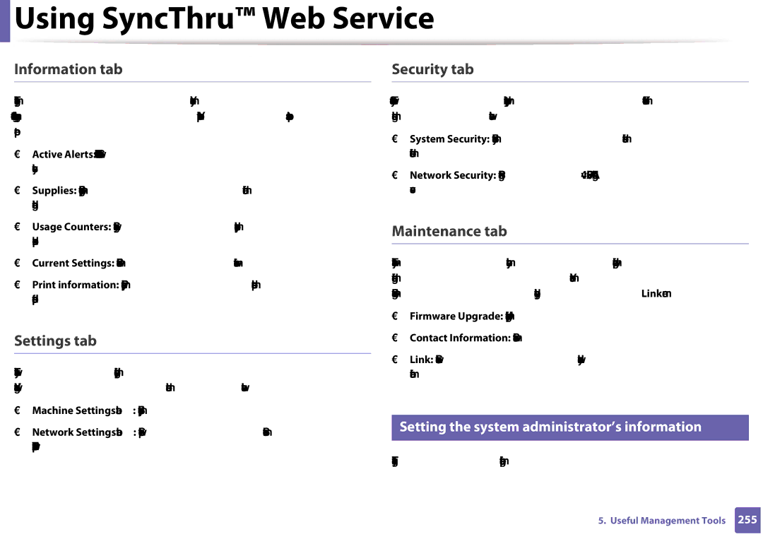 Samsung CLX-3305FW manual Information tab Security tab, Settings tab, Maintenance tab 