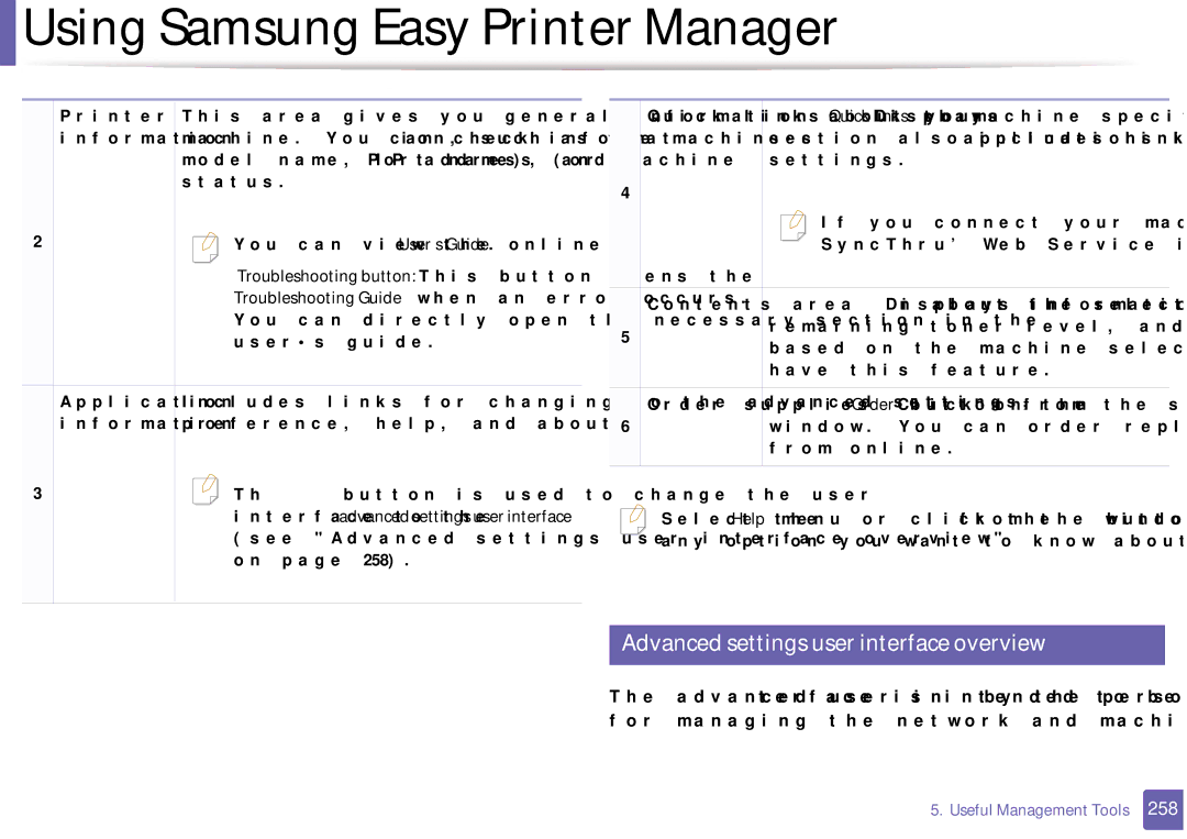 Samsung CLX-3305FW manual Advanced settings user interface overview, Troubleshooting button This button opens 