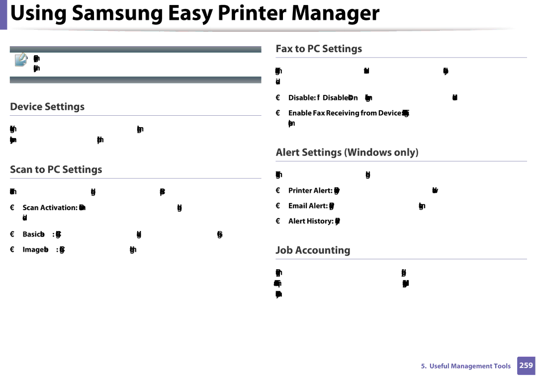 Samsung CLX-3305FW Fax to PC Settings, Device Settings, Scan to PC Settings, Alert Settings Windows only, Job Accounting 