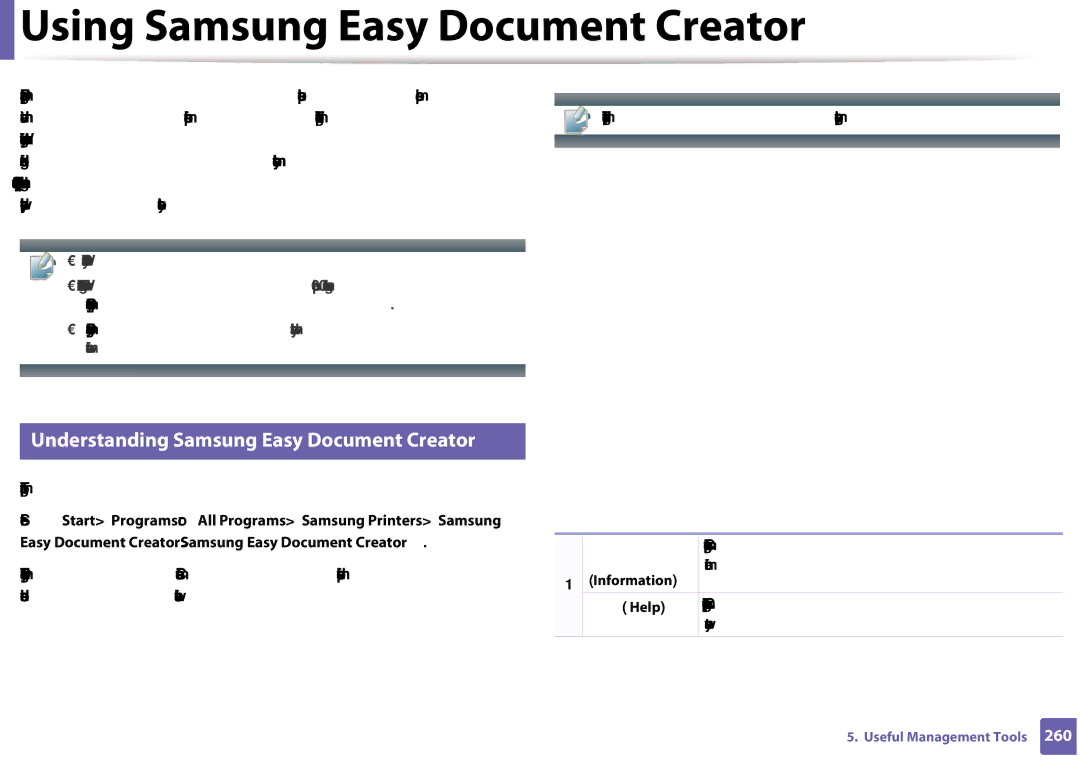 Samsung CLX-3305FW Using Samsung Easy Document Creator, Understanding Samsung Easy Document Creator, Information, Help 