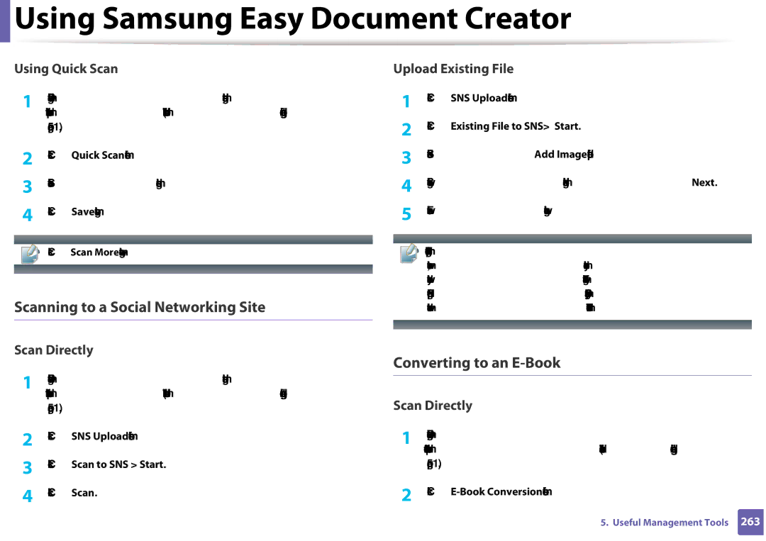 Samsung CLX-3305FW manual Scanning to a Social Networking Site, Converting to an E-Book, Click Scan to SNS Start 