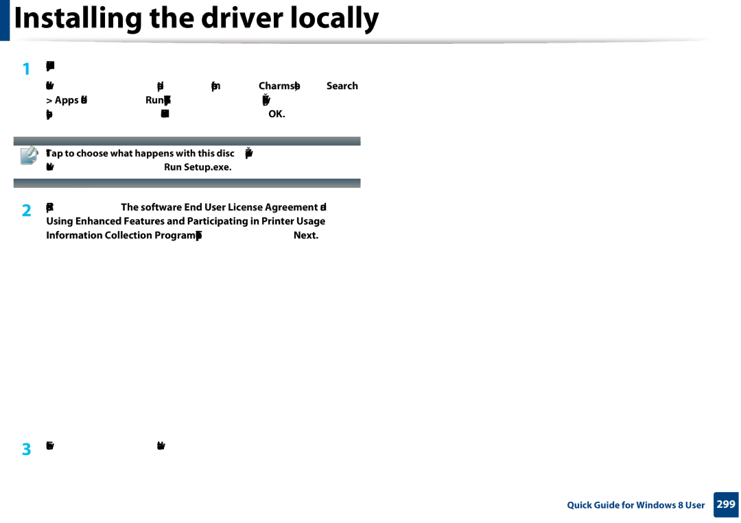 Samsung CLX-3305FW manual Installing the driver locally, Read and accept The software End User License Agreement 