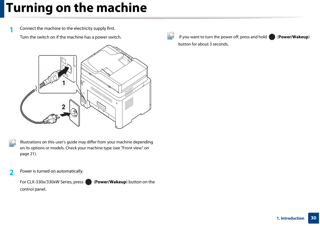 Samsung CLX-3305FW manual Turning on the machine, Connect the machine to the electricity supply first 