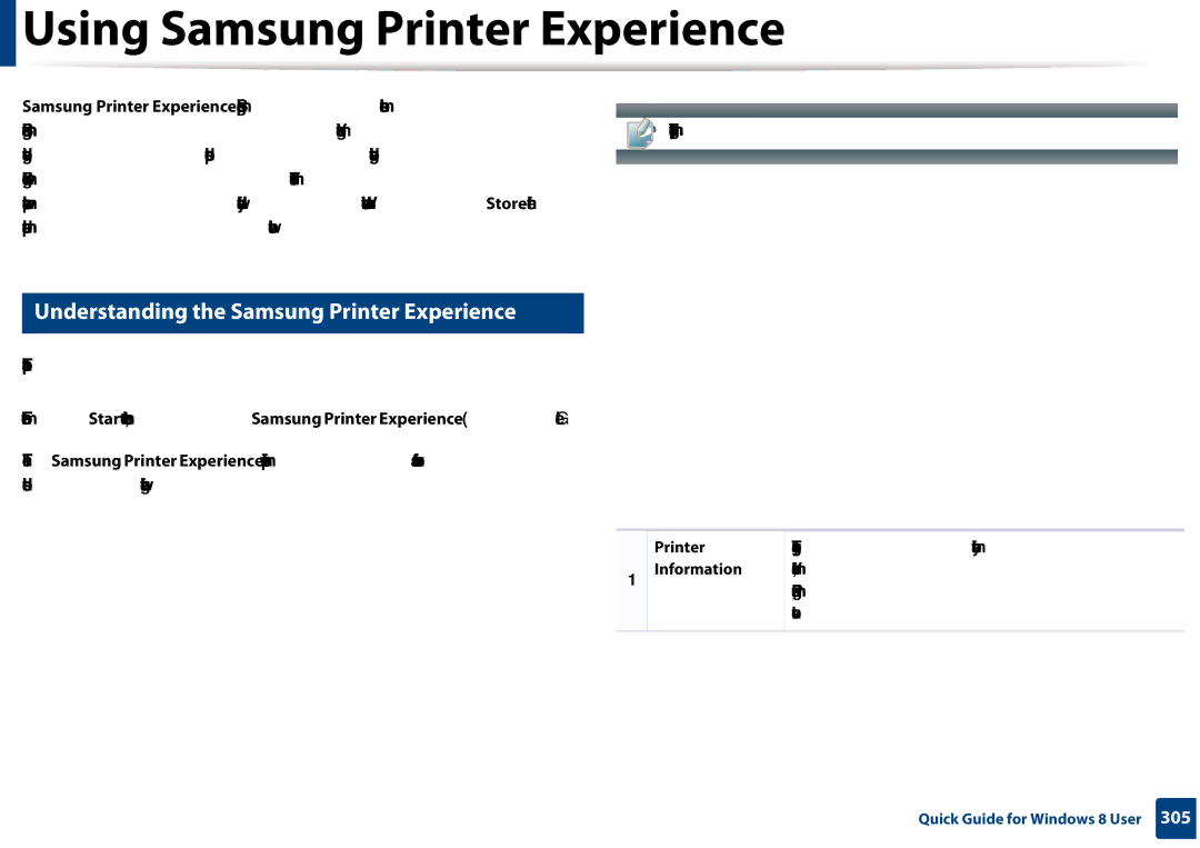 Samsung CLX-3305FW Using Samsung Printer Experience, Understanding the Samsung Printer Experience, Printer Information 