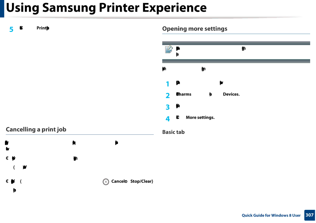 Samsung CLX-3305FW manual Cancelling a print job, Opening more settings, Click the Print button to start the print job 