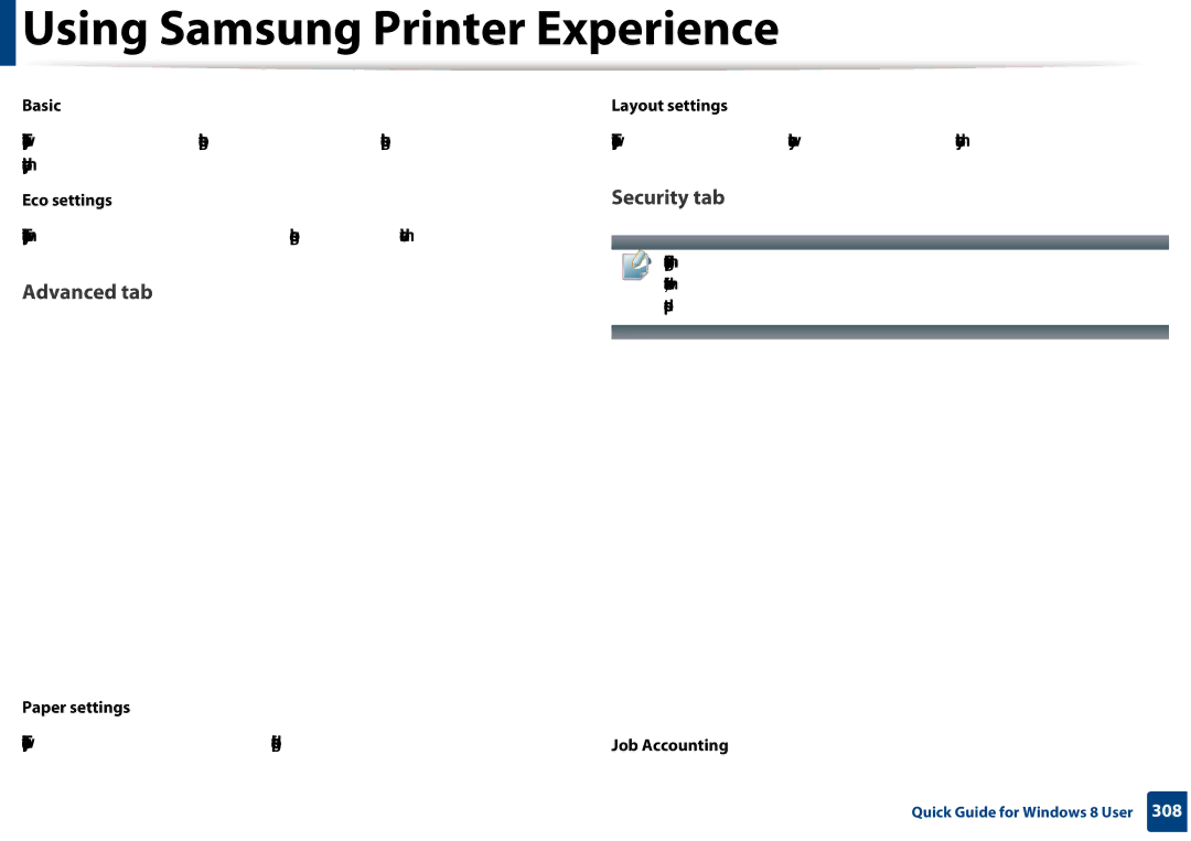 Samsung CLX-3305FW manual Basic, Eco settings, Layout settings, Paper settings, Job Accounting 