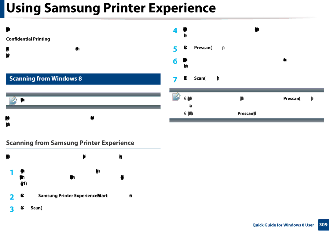 Samsung CLX-3305FW manual Scanning from Samsung Printer Experience, Scanning from Windows, Confidential Printing 