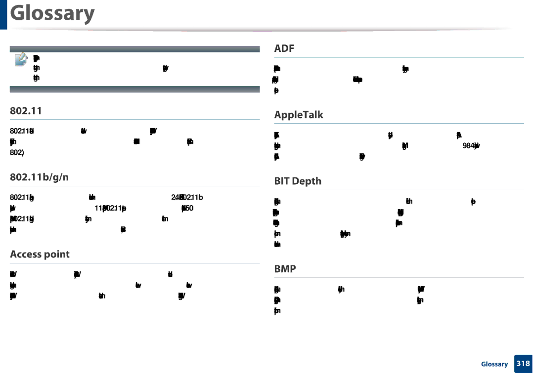 Samsung CLX-3305FW manual AppleTalk, 802.11b/g/n, Access point, BIT Depth 