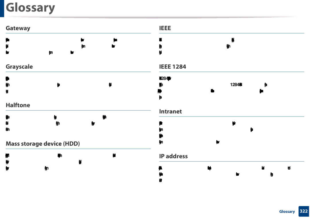 Samsung CLX-3305FW manual Gateway, Grayscale, Halftone, Mass storage device HDD, Ieee, Intranet, IP address 