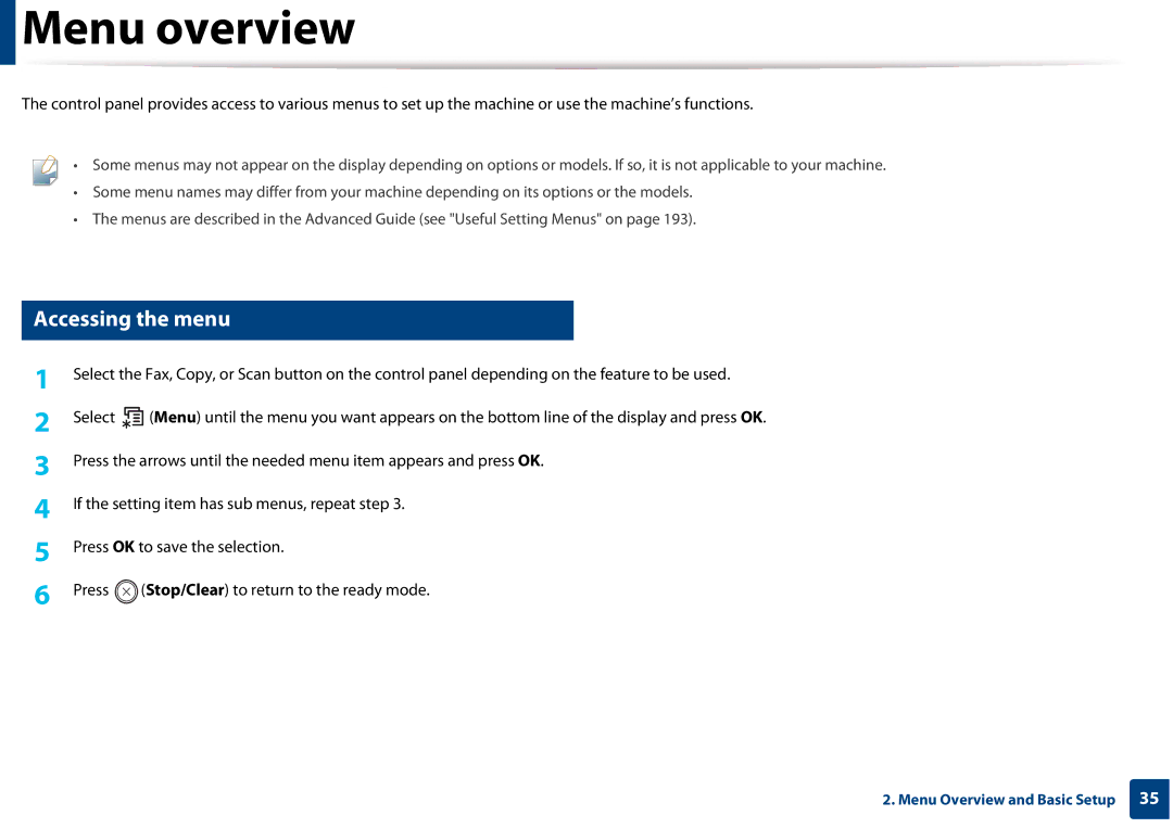 Samsung CLX-3305FW manual Menu overview, Accessing the menu 